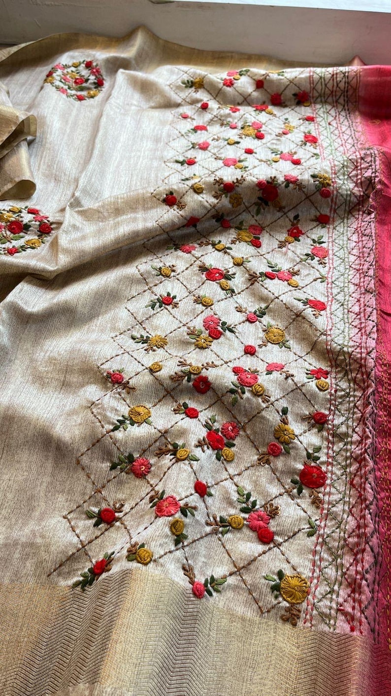 Handloom Pure Tussar Silk Saree with French Knot Embroidery Work Saree PTK04