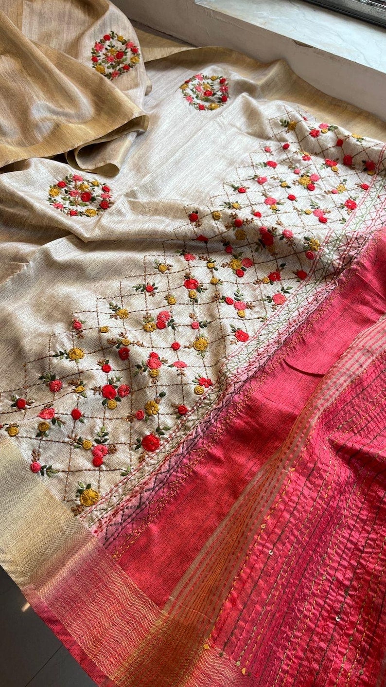 Handloom Pure Tussar Silk Saree with French Knot Embroidery Work Saree PTK04
