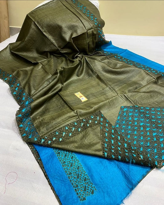 Pure Tussar Silk Saree With Beautiful Cutwork Saee BTS03