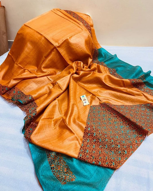 Pure Tussar Silk Saree With Beautiful Cutwork Saee BTS04