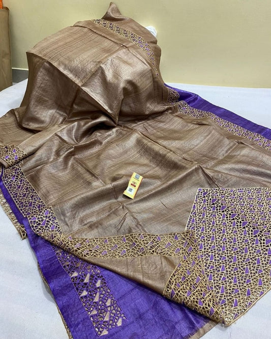 Pure Tussar Silk Saree With Beautiful Cutwork Saee BTS06