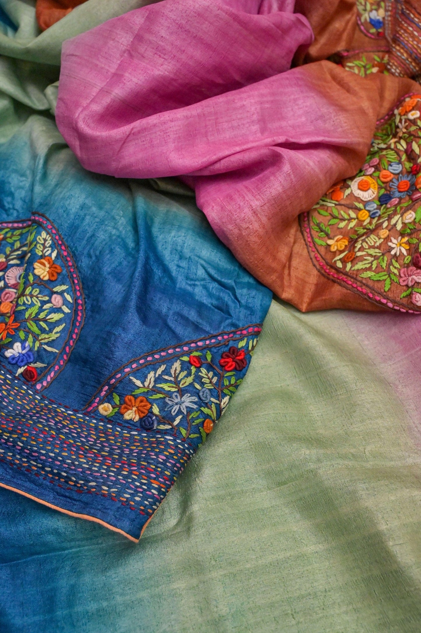 Handloom Pure Tussar Silk Saree with French Knot Embroidery Work Saree PTK05